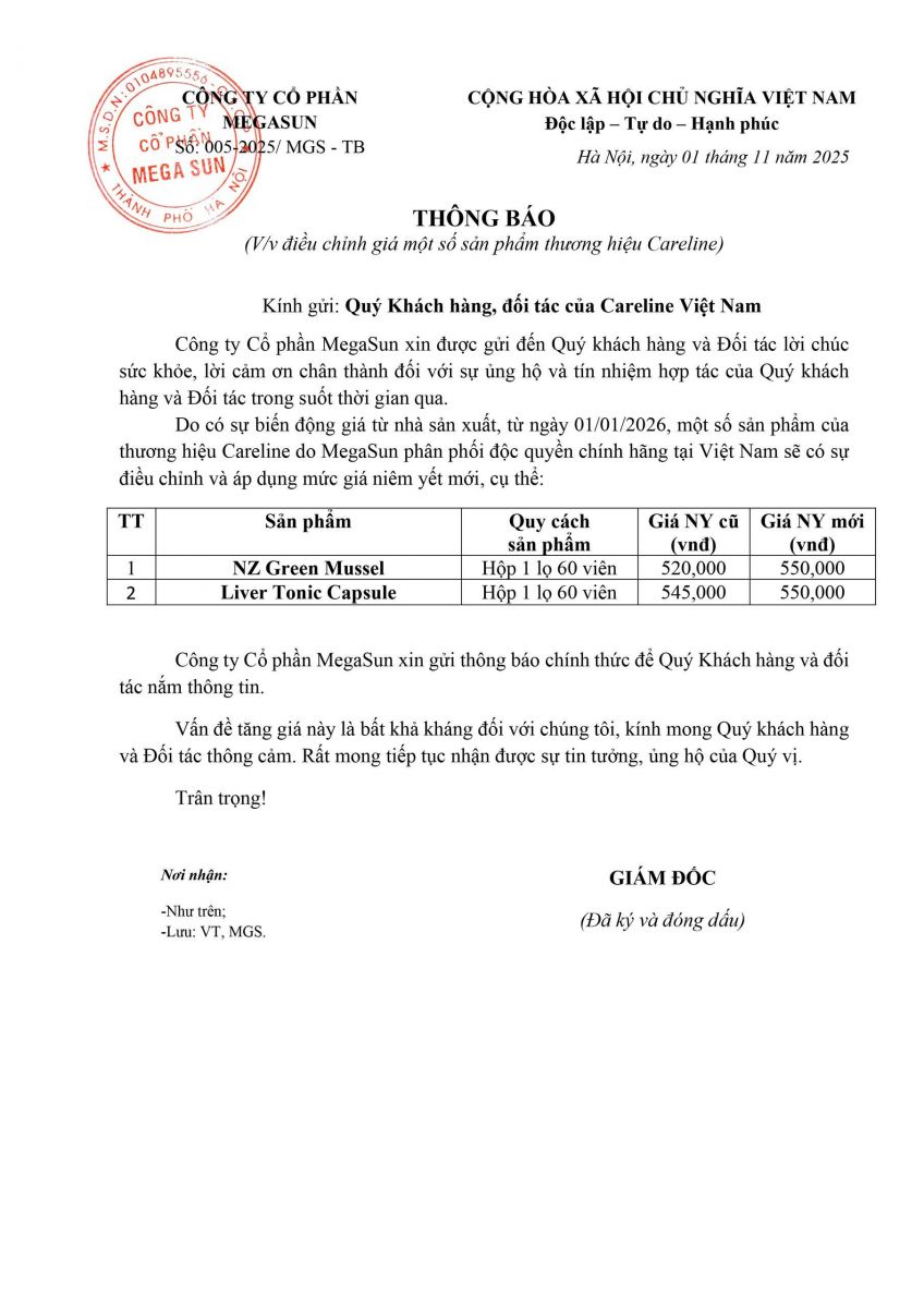 Thông báo: Điều chỉnh giá bán một số sản phẩm của Careline