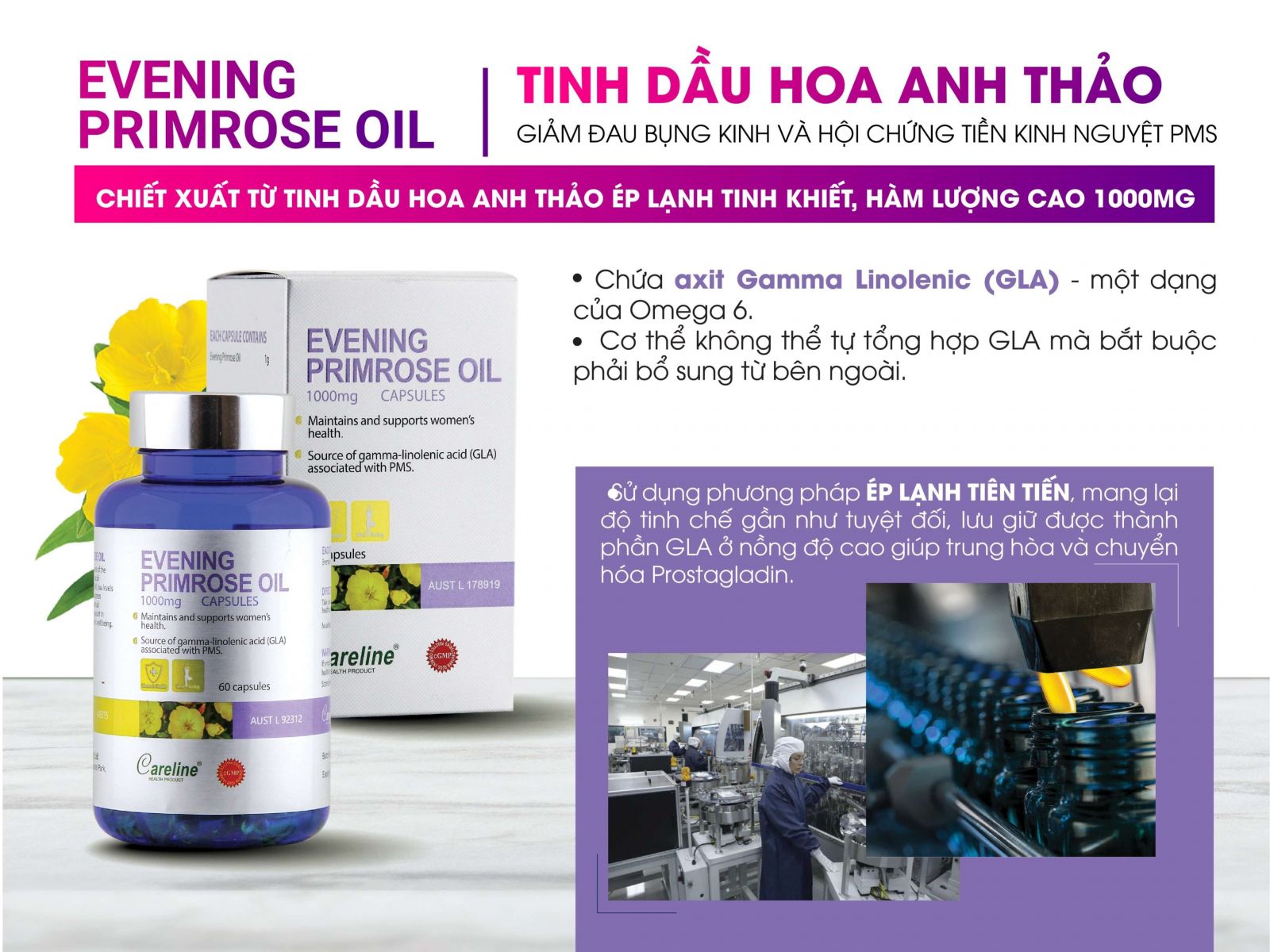 Careline Evening Primrose Oil 1000mg - Tinh dầu hoa anh thảo Úc giúp tăng cường sức khỏe da và nội tiết